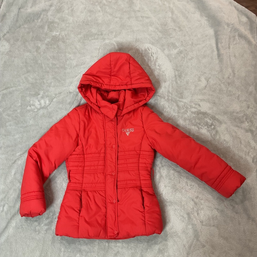 Guess Kids Red Puffer Jacket Rhinestone Logo Hooded Quilted Coat 8 J64L50W7S1A